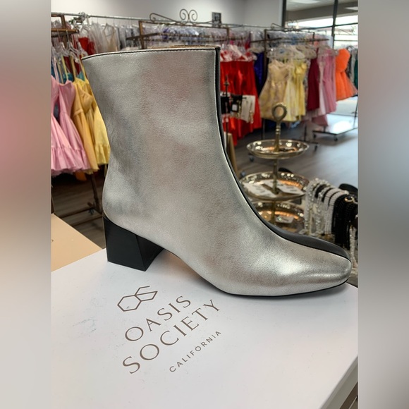 Oasis Society Shoes - Oasis Society Silver Metallic Block-Heel Ankle Bootie